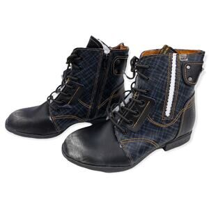 TMA EYES Black Plaid Distressed Faux Fur Lined Leather Combat Boots 8.5 Women's